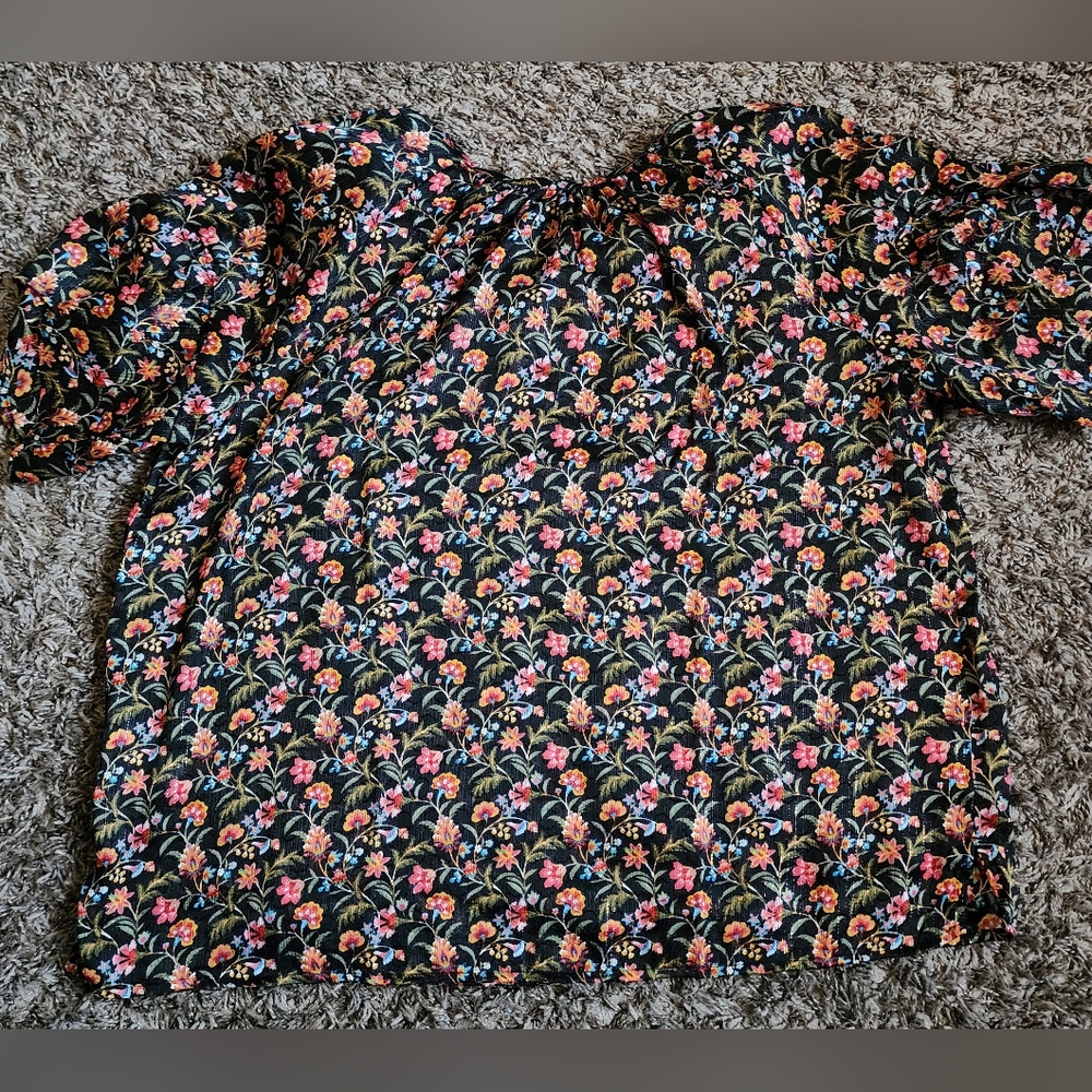 Loft Floral Tie Back Black Blouse Women's Petite L